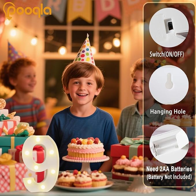 Pooqla Decorative Led Light Up Number Letters, White Plastic Marquee Number Lights Sign Party Wedding Decor Battery Operated Number (9)