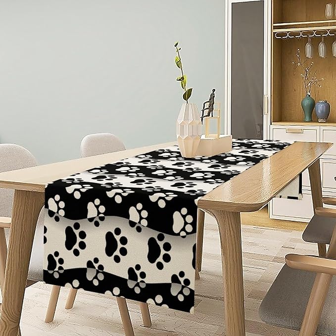 Dog Paw Table Runner,Kid Cute Animal Footprint Black White Theme Design Print Tablecloth Burlap for Hotel Indoors Outdoor Dining Room Kitchen Home Decor,W13X L80 in