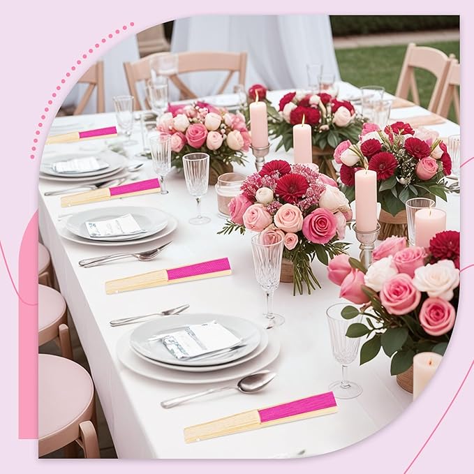 JOHOUSE 12 Pcs Paper Folding Hand Fans, 8.3 Inch Dark Pink Paper Fans Handheld Portable for Wedding, Outdoor Party Favors, Bridal Shower DIY Crafts Photography Prop Pink Party Decorations