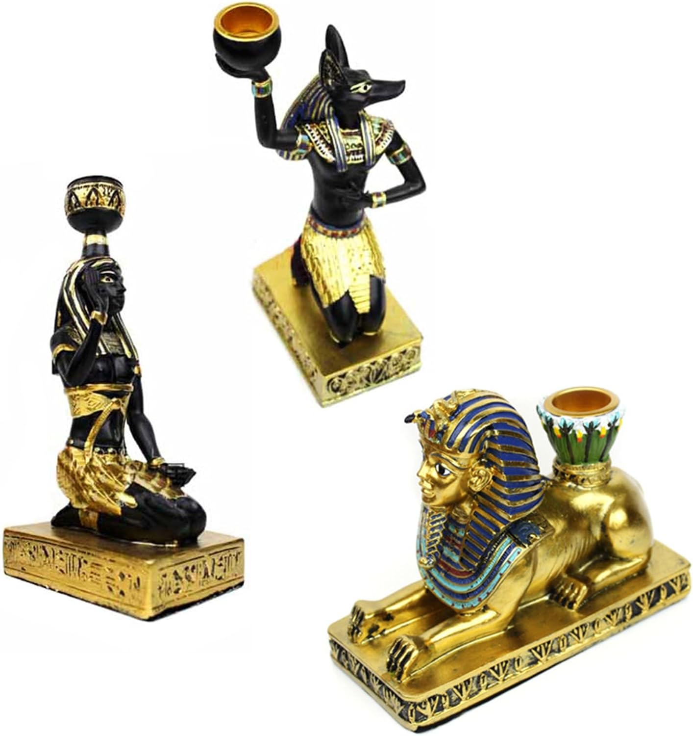 Egyptian Mythology Resin Candle Holder Set 3 Anubis Goddess Sphinx Decor