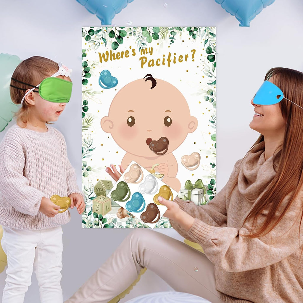 Hxezoc Baby Shower Games Pin The Pacifier On The Baby Game with 36 Pacifier Stickers, Large Green Baby Poster Games for Baby Shower Party Kids Birthday Party Supplies