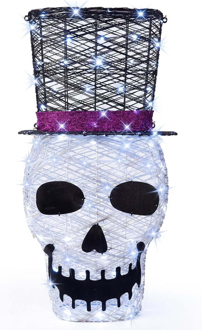 36" Lighted Skull with Top Hat,100 LED Prelit Skull Outdoor Halloween Decor