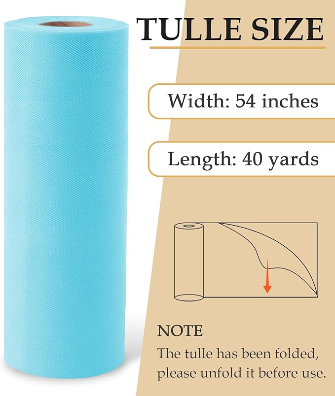 Baby Blue Tulle Fabric Roll, 54" x 40 Yards (120FT) Tulle for Wedding Decoration DIY Tutu Party Backdrop Baby Shower Table Skirts Gift Wrapping