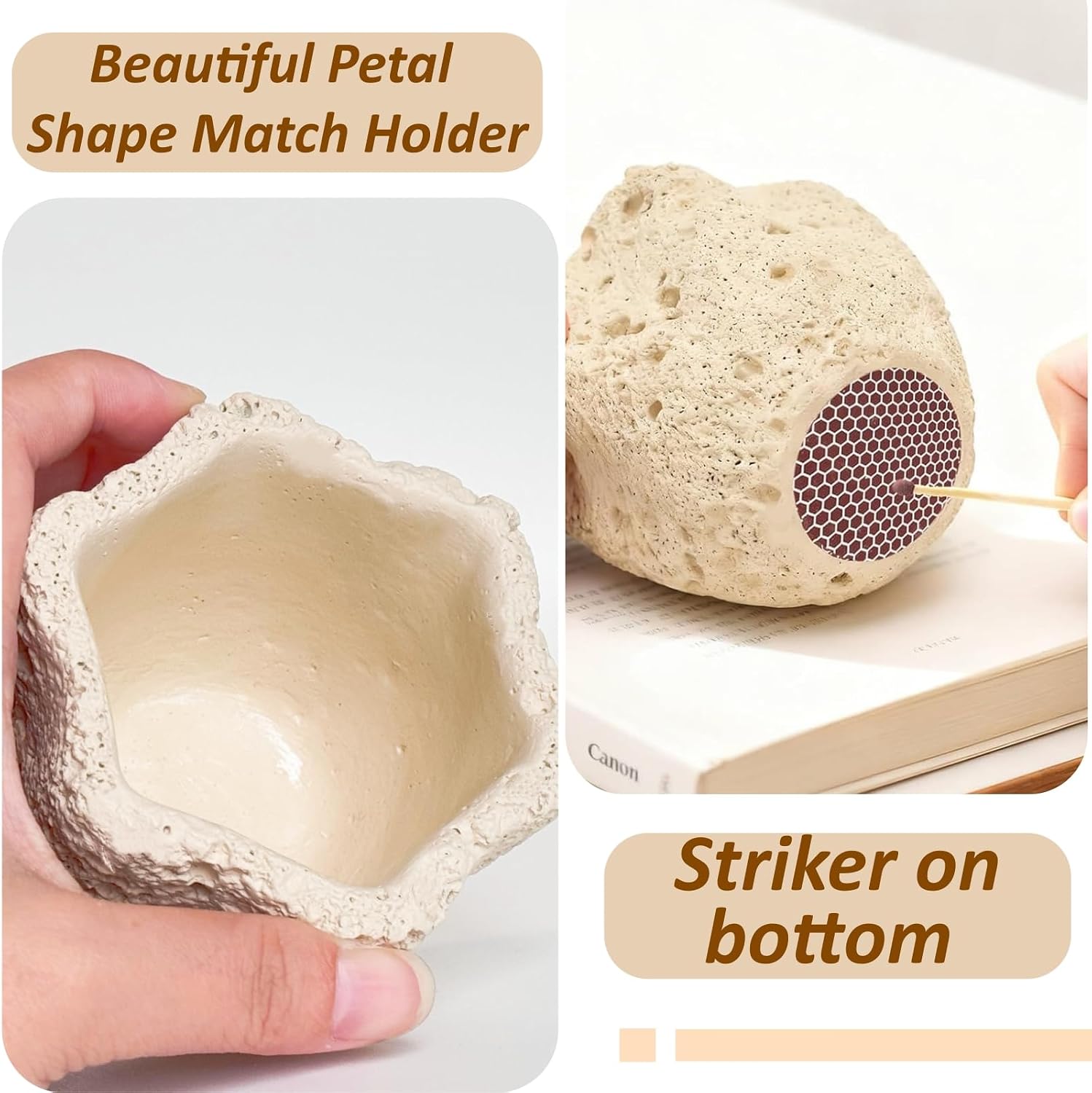 Concrete Match Holder with Striker & Extra Striker Pad,Beautiful Petal Shape Match in Jar for Cute/Fancy/Long Candle Matches,Parlor Cute Match Jar for Home Decor Gift, No Matches (Hexagon)