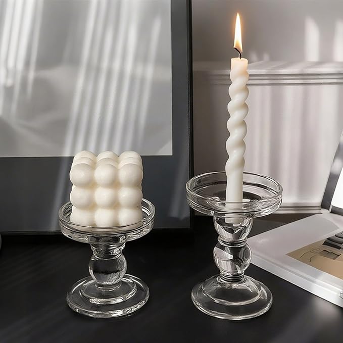 Okllen Set of 6 Glass Candle Holders, Clear Pillar Taper Candlestick Crystal Tealight Candle Holder Stand for Dinner Table, Wedding Centerpieces, Living Room, Home Decor
