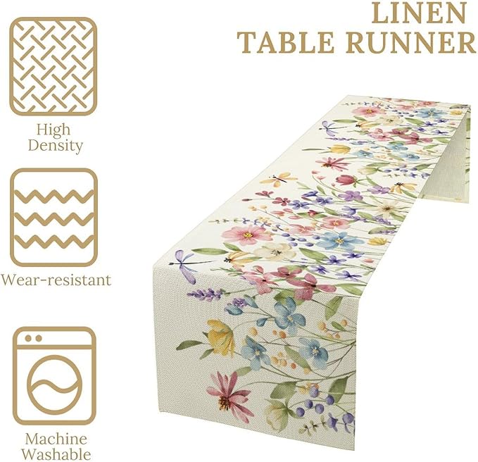 Watercolor Floral Table Runner, Colorful Spring Summer Nature Flower Dragonfly Pattern Print Table Runner for Kitchen Dinning Table Runner Decor Home Wedding Party Holiday, 13x36 Inch