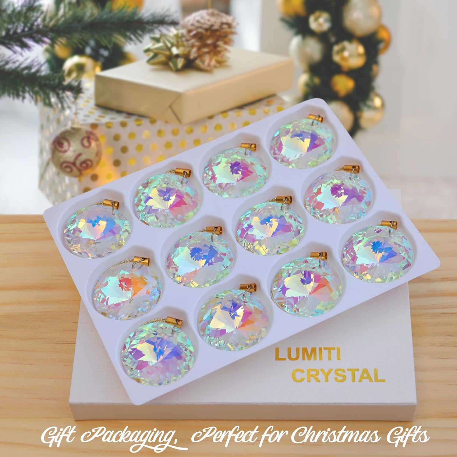 12 Pcs Crystal Glass Christmas Balls Ornaments, 1.18″ Mini Round Prism Flower Xmas Tree Decorations, Hanging Ornament for Wedding Party Home Decor (Crystal AB)
