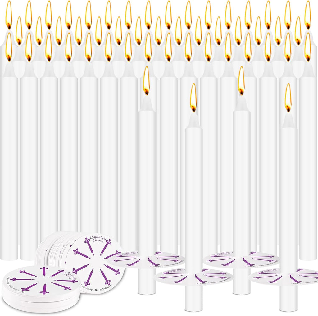 100 Pack 5 Inch White Taper Candles with Drip Protectors, Unscented Bulk Christmas Advent Church Candles for Spell Ritual, Prayer Altar Decor, Wicca Shabbat, Meditation Vigil Candle Holders