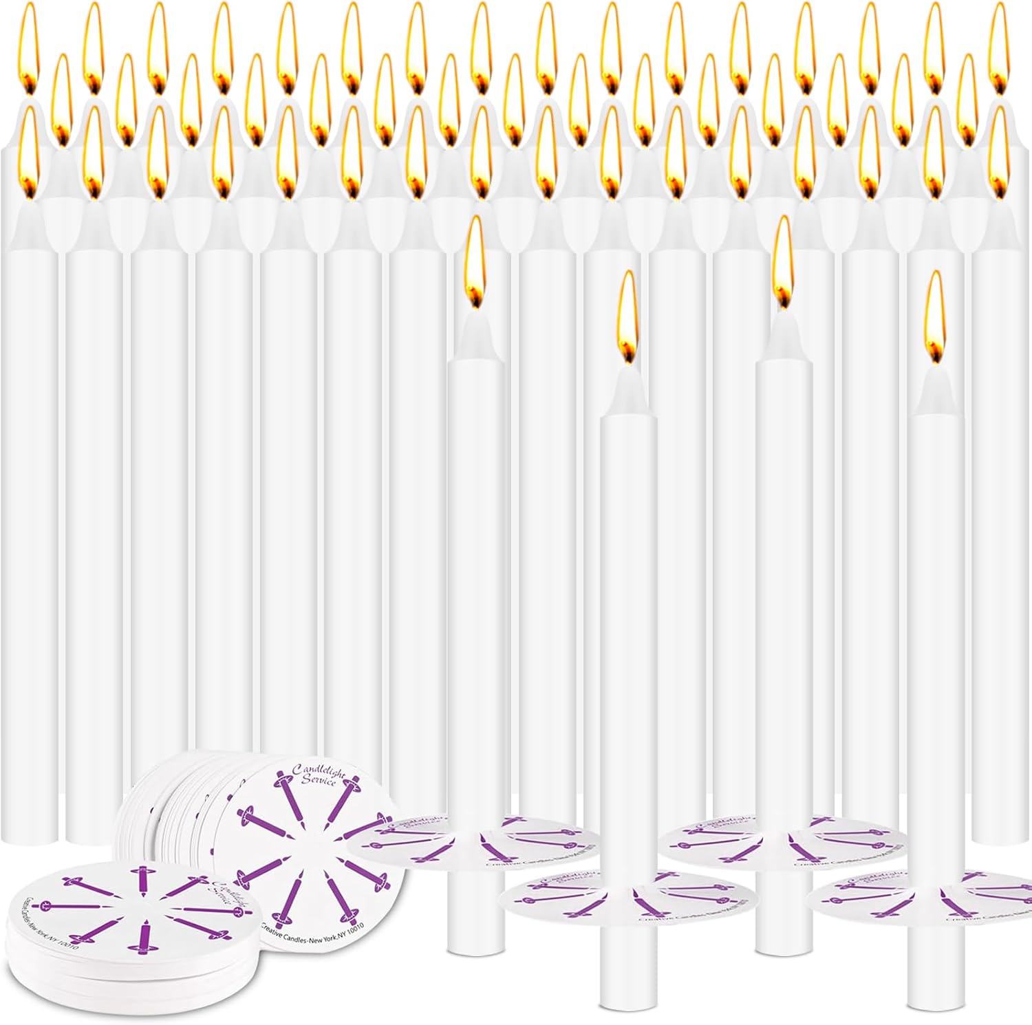 100 Pack 5 Inch White Taper Candles with Drip Protectors, Unscented Bulk Christmas Advent Church Candles for Spell Ritual, Prayer Altar Decor, Wicca Shabbat, Meditation Vigil Candle Holders