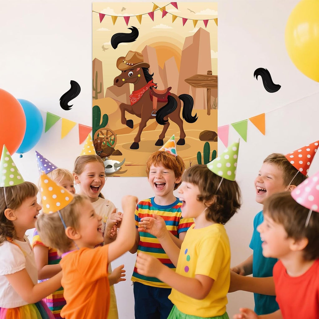 Hxezoc Pin The Tail On The Horse Game with 30 Pcs Tails Large Western Cowboy Horse Games Poster for Kids Cowboy Party Favor Western Birthday Party Carnival Party Supplies