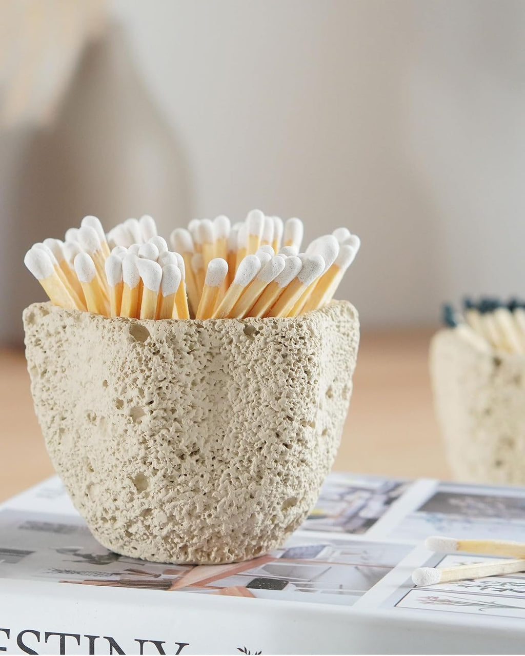 Concrete Matches Holder with Striker-Beautiful Petal Shape Match in Jar-for Cute/Fancy/Long Candle Match,Refresh Any Modern Home Decor with Premium floral Jar-No Matches (milky beige)