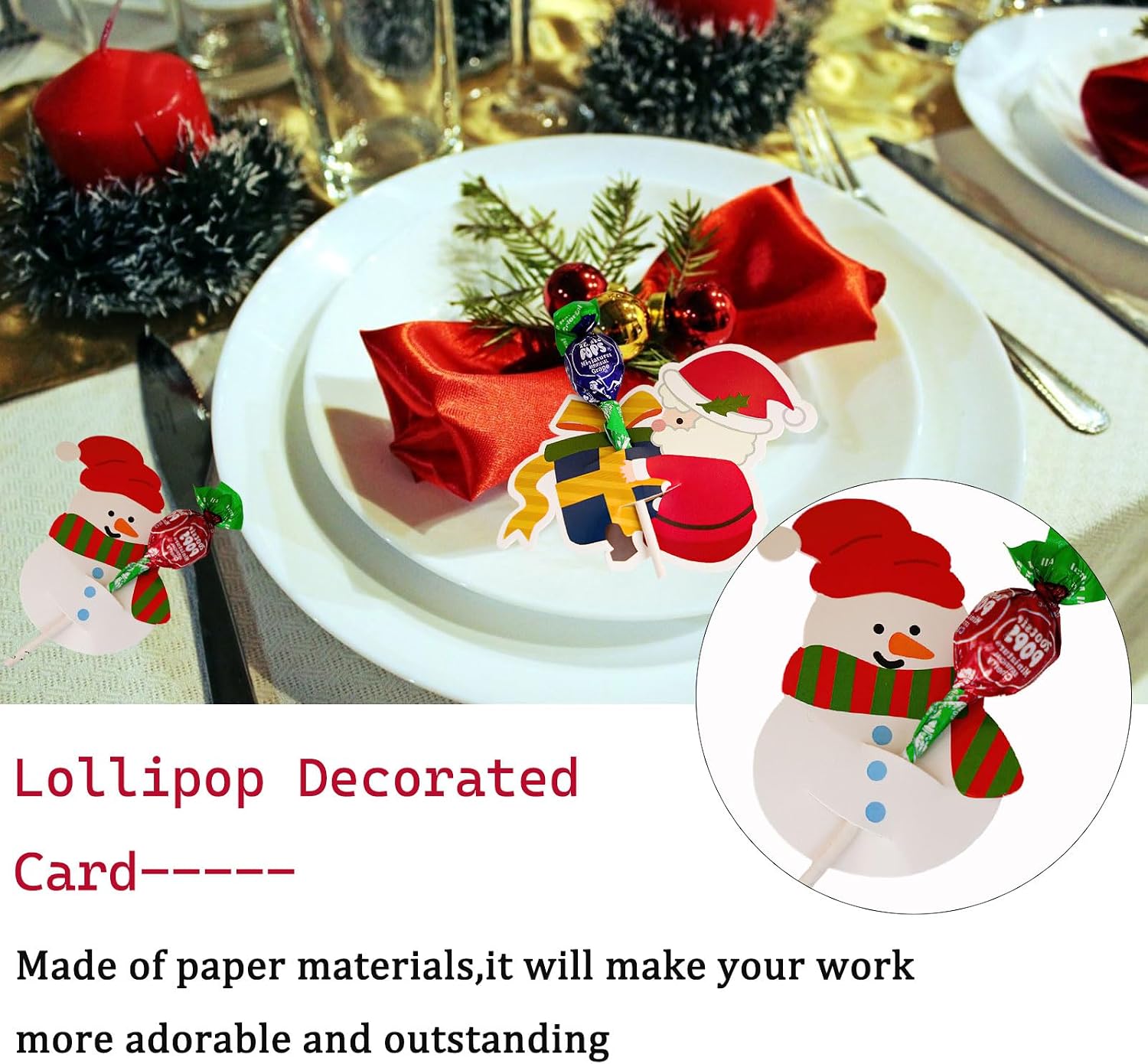 100 Pcs Christmas Lollipop Paper Cards DIY Santa and Snowman Cartoon Paper Candy Holders Lollipop Candy Holder Party Supplies Decorated