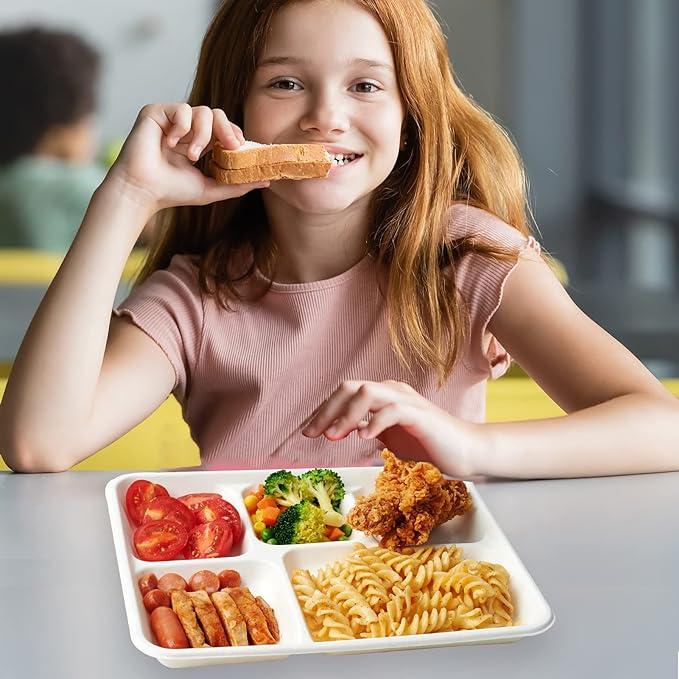 ECOLipak 100% Compostable 5 Compartment Plates, 125 Pack Disposable Paper Plates, Heavy-Duty Biodegradable Sugarcane Plates, Eco-Friendly School Lunch Trays
