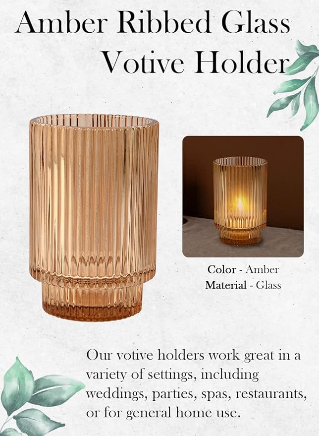 Serene Spaces Living Amber Ribbed Glass Votive Holder, Decorative Centerpiece for Wedding, Christmas, Thanksgiving, Living Room, Home Décor, Measures 3.25" Diameter and 5" Tall, Set of 24