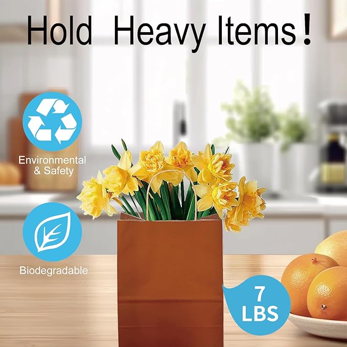 BAG BOX 25 Pack Small 5.9x3.1x8.25 Inch Orange Kraft Paper Gift Bags with Handles for Bulk Shopping, Retail, Craft, Party Favors, Wedding, Grocery & Sacks