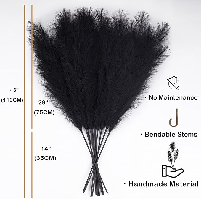 Faux Pampas Grass 6 Stems, Artificial Pampas Grass - 43 inch Total Extra Large Pompass Grass Tall Pompous Boho Flower Arrangement and Floor Vase Filler Home Decor for Room Wedding Party (Black)