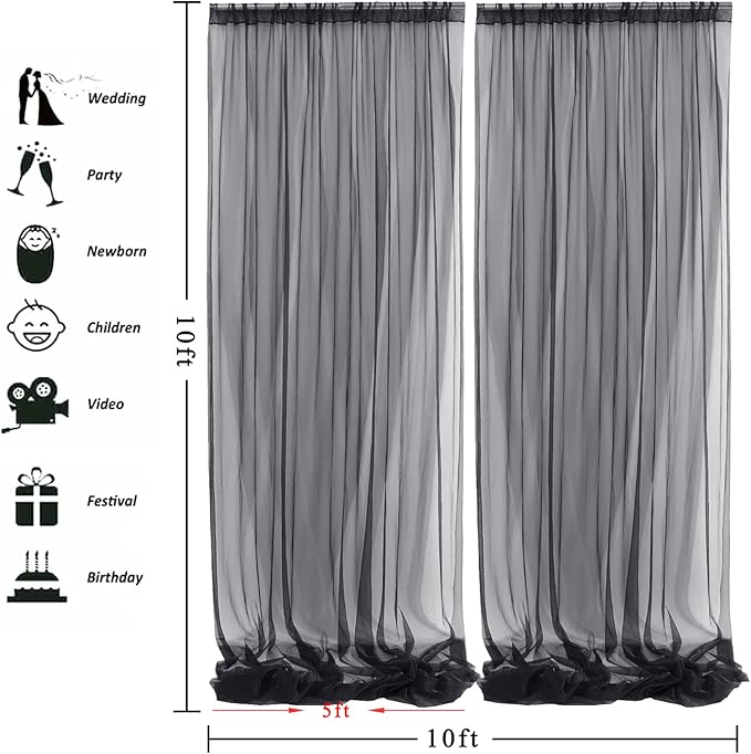 10ft X 10ft Black Sheer Backdrop Curtain for Parties, Tulle Sheer Fabric Backdrop Curtain Drapes for Baby Shower Birthday Party Photo Shoot Halloween Decorations