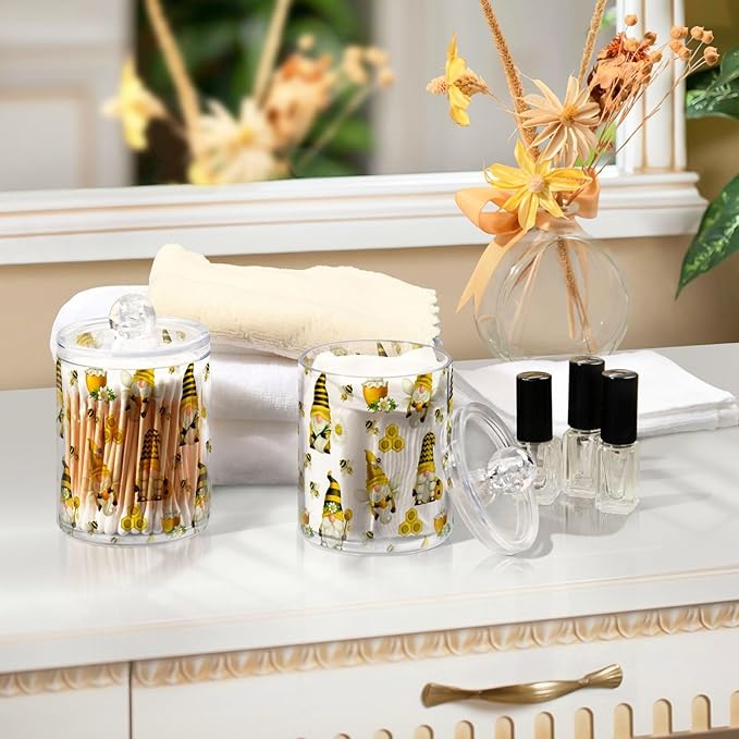 Qtip Holder Dispenser 4 Pack Gnome Bees Flying Dwarf Daisy Apothecary Jars with Lids Bathroom Vanity Countertop Canister Storage Organizer for Cotton Ball,Swabs,Pads,Floss