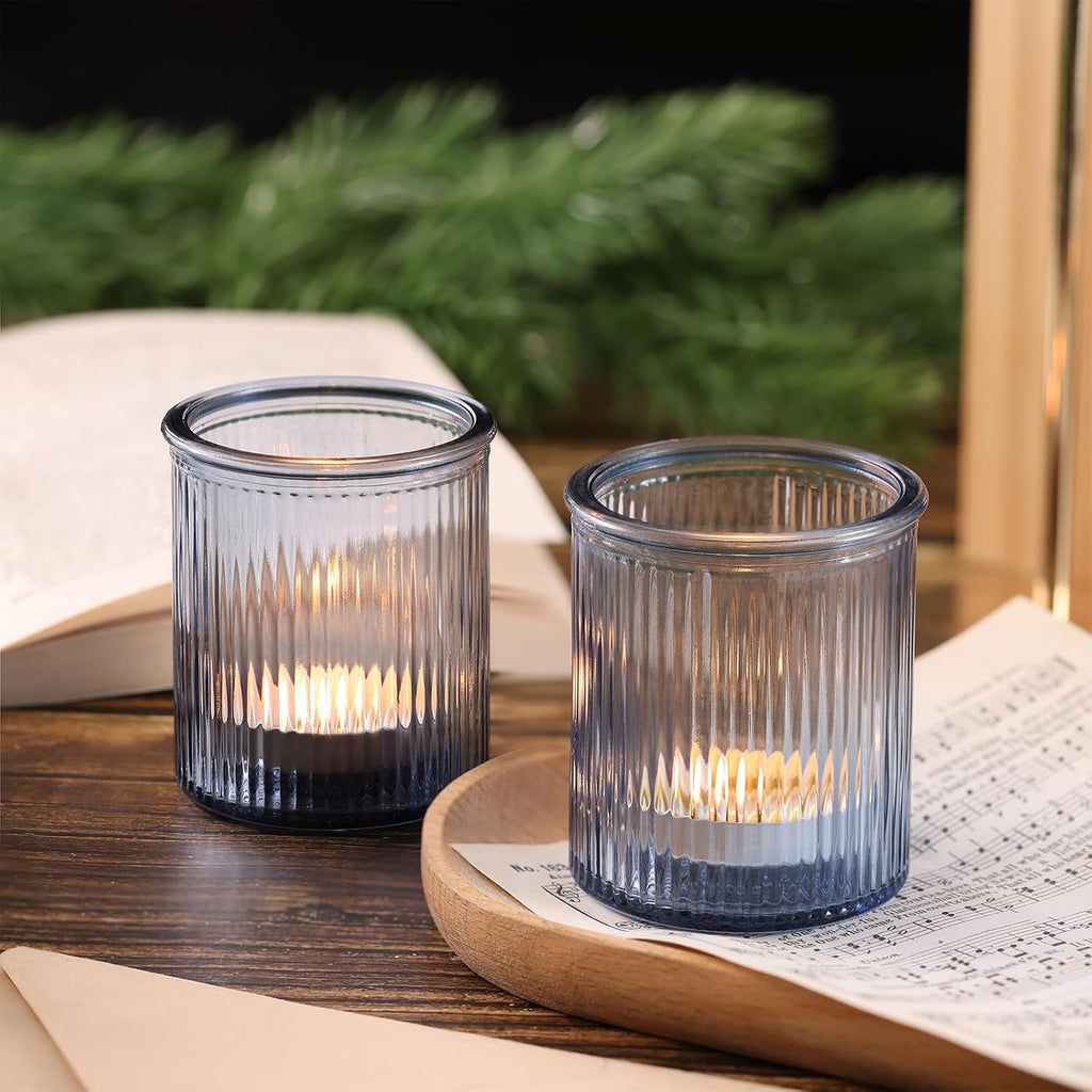 NITIME 32Pcs Ribbed Blue Votive Candle Holders, Tea Light Candle Holders for Table Centerpiece, Blue Candle Holders for Wedding Decor,Home and Holiday Decor