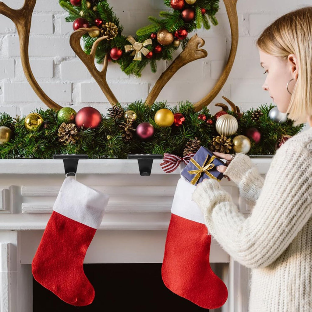 HMASYO Christmas Stocking Holders for Mantle Set of 2, Black Heavy Duty Iron Stocking Hangers Base, Low Profile Weighted Stocking Holder Hooks for Fireplace Tabletop Shelf Christmas Decoration