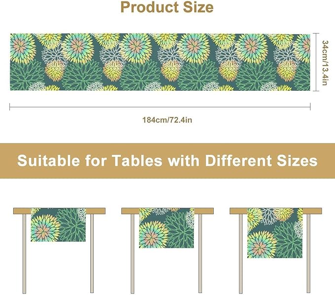 Green Dahlia Flower Table Runner, Linen Geometric Pattern Floral Table Decor Spring Farmhouse Decorations for Kitchen Dining Holiday Party Decor, 13x90 Inch
