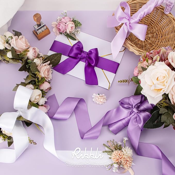 Ribbli Purple Satin Ribbon 1-1/2 Inch x 4 Rolls Total 40 Yards-White Lavender Purple Ribbon for Gift Wrapping Craft Wedding Decoration