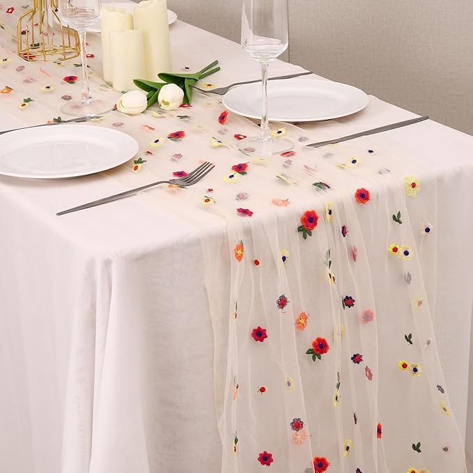 6PCS Champagne Floral Table Runner 10 FT, Embroidery Daisy Table Runners Seasonal Sheer Tulle Table Runner for Thanksgiving Wedding Birthday Baby Shower Party ﻿