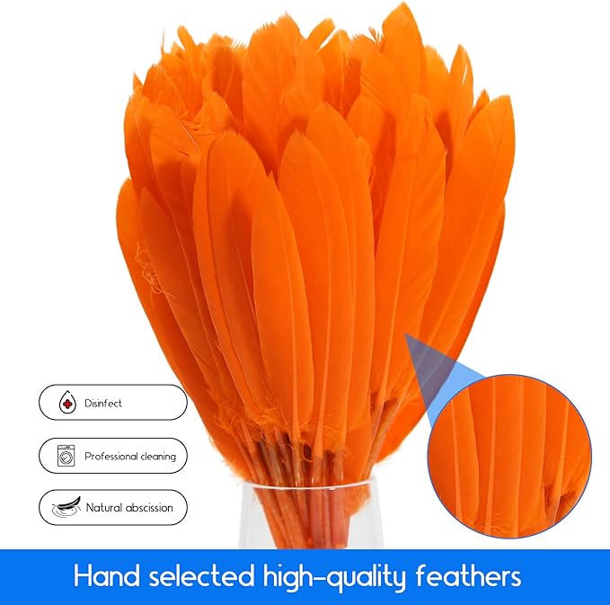 FeelfunFeather 120pcs Orange Goose Cochettes Feather Natural Bulk 4-6 inch 10-15cm for Wedding Party Christmas Halloween Decorations DIY Crafts Goose Cochettes Feather