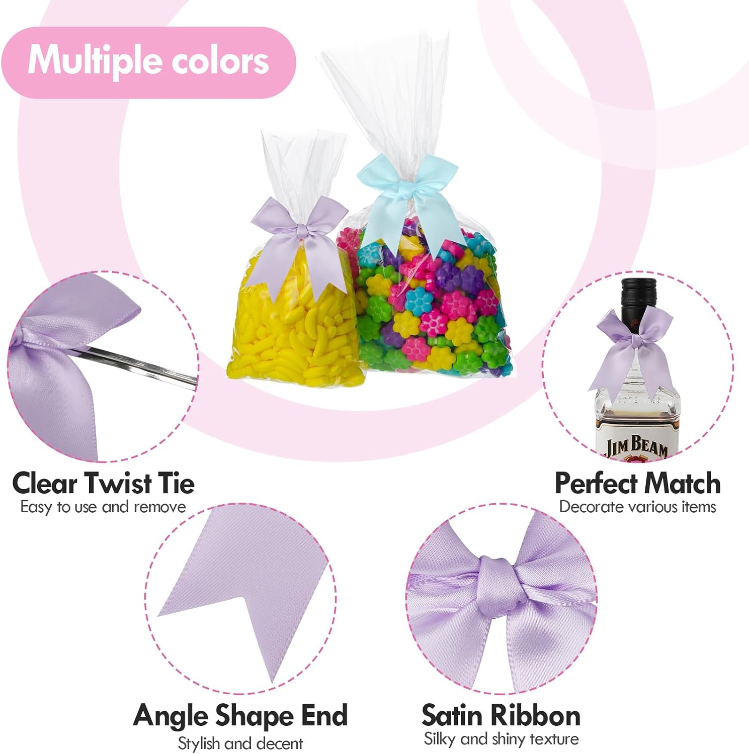 Twist Tie Bows, Satin Ribbon Bows - 3 Inches, 50-Pack for Treat Bags Gift Wrapping Basket Crafts Wedding Baby Shower Brithday Christmas Party Decorations (Black)