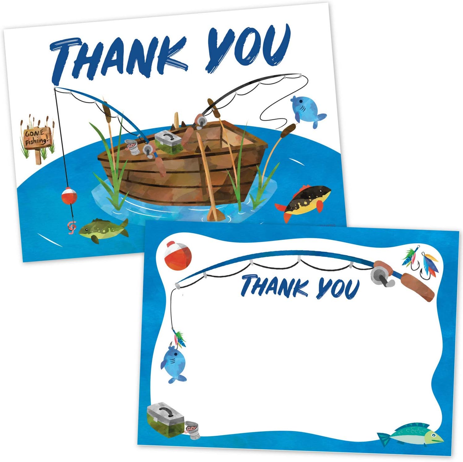 Old Blue Door Invites Fishing Thank You Cards (20 Count with Envelopes) - Fishing Birthday Thanks for Kids and Adults
