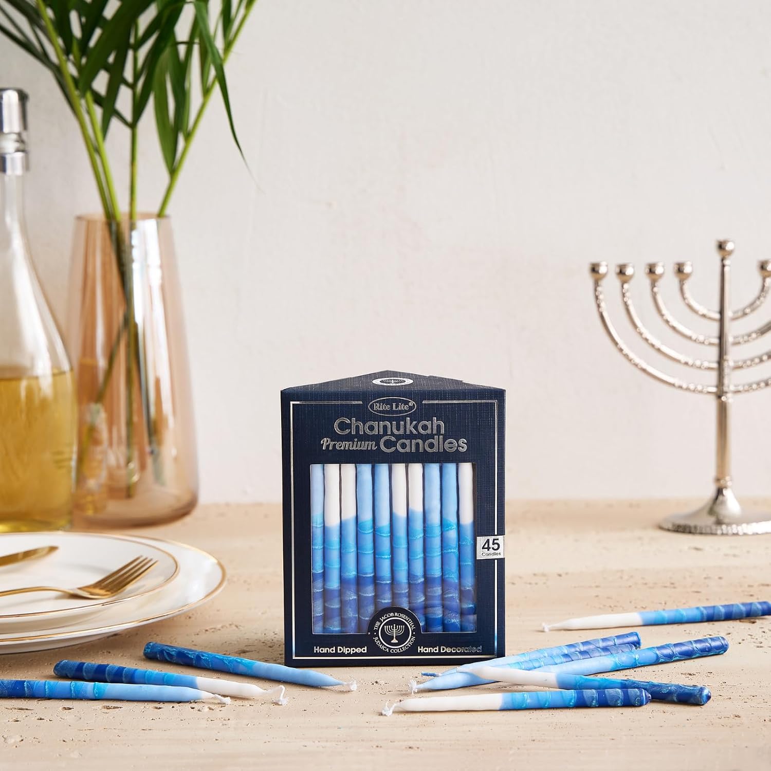 Rite -Lite Judaica Premium Chanukah Candles. Handcrafted, Tri-Color Blue/White Stripe. Box of 45