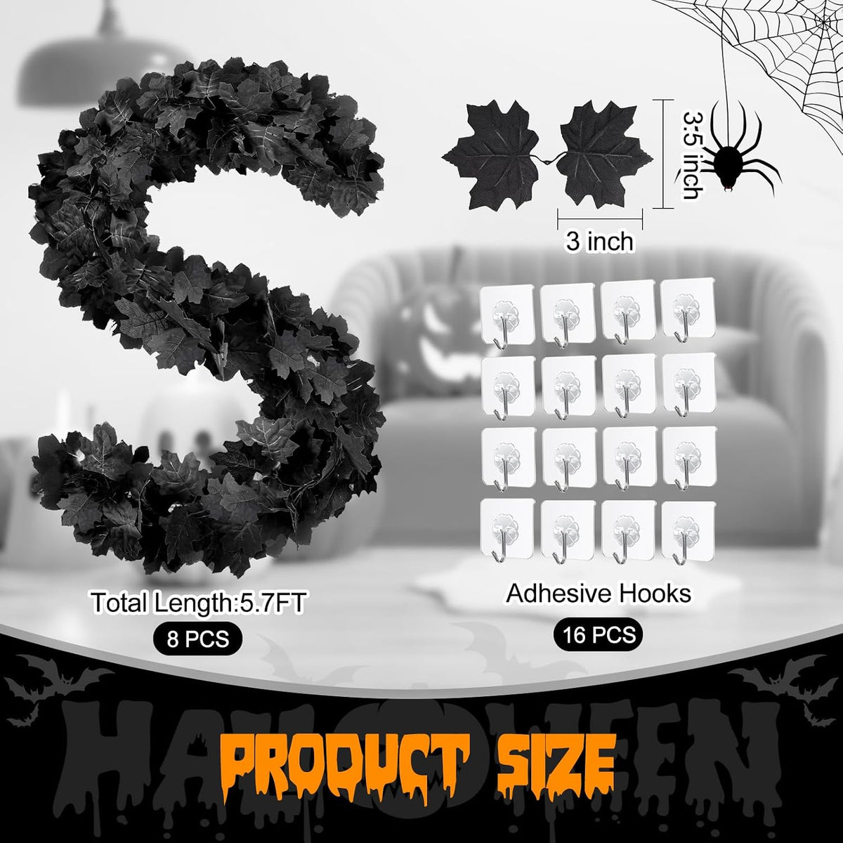 joyhalo 8 pack 5.7ft halloween garland black leaf shown in use