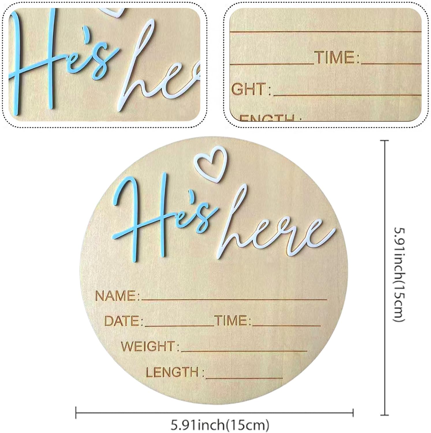Baby Announcement Sign, 5.9 Inch Wooden Hello World Newborn Signs, Birth Announcement Sign, Gender Reveal Signs, He's here Decoration, Welcome Newborn Arrival To World (He's,Blue-A)