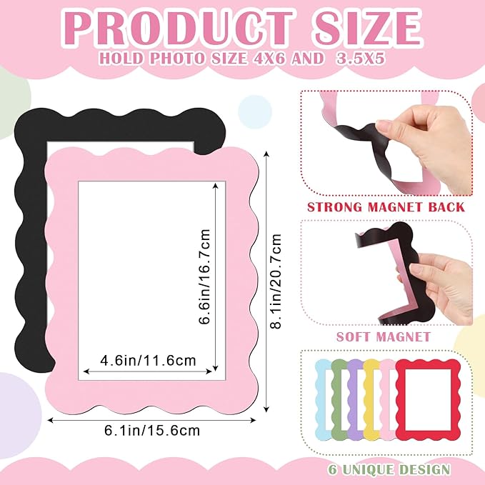 Kingdder 12 Pcs Scalloped Magnetic Picture Frame for Refrigerator 5 x 7 Pastel Reusable Picture Frame Magnets Decorative Photo Holders for Fridge Home School Office Kitchen Locker Decor