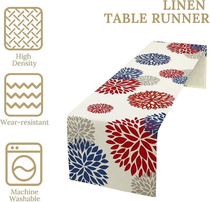 4th of July Table Runner, Blue Red Dahlia Flower American Patriotic Memorial Day Table Runner for Farmhouse Kitchen Dining Table Party Decor, 13x36inch