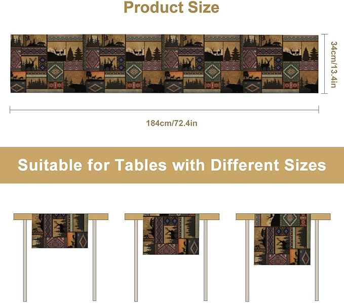 Rustic Cabin Bear Aztec Table Runner, Retro Brown Bear Rustic Theme Geometry Decoration for Home Dinner Party Living Room Bedroom Table Runner 13x70 Inch