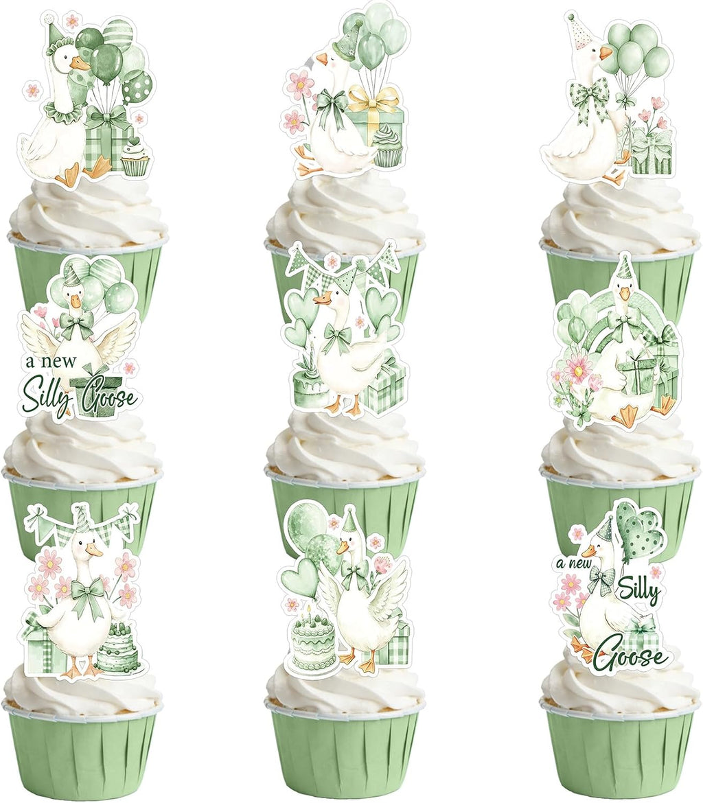 Silly Goose Baby Shower Decorations - 36PCS Sage Green A New Silly Goose is Almost Loose Party Decorations Cake Toppers Cute Animal Theme Cupcake Toppers for Gender Reveal Baby Shower Birthday Party