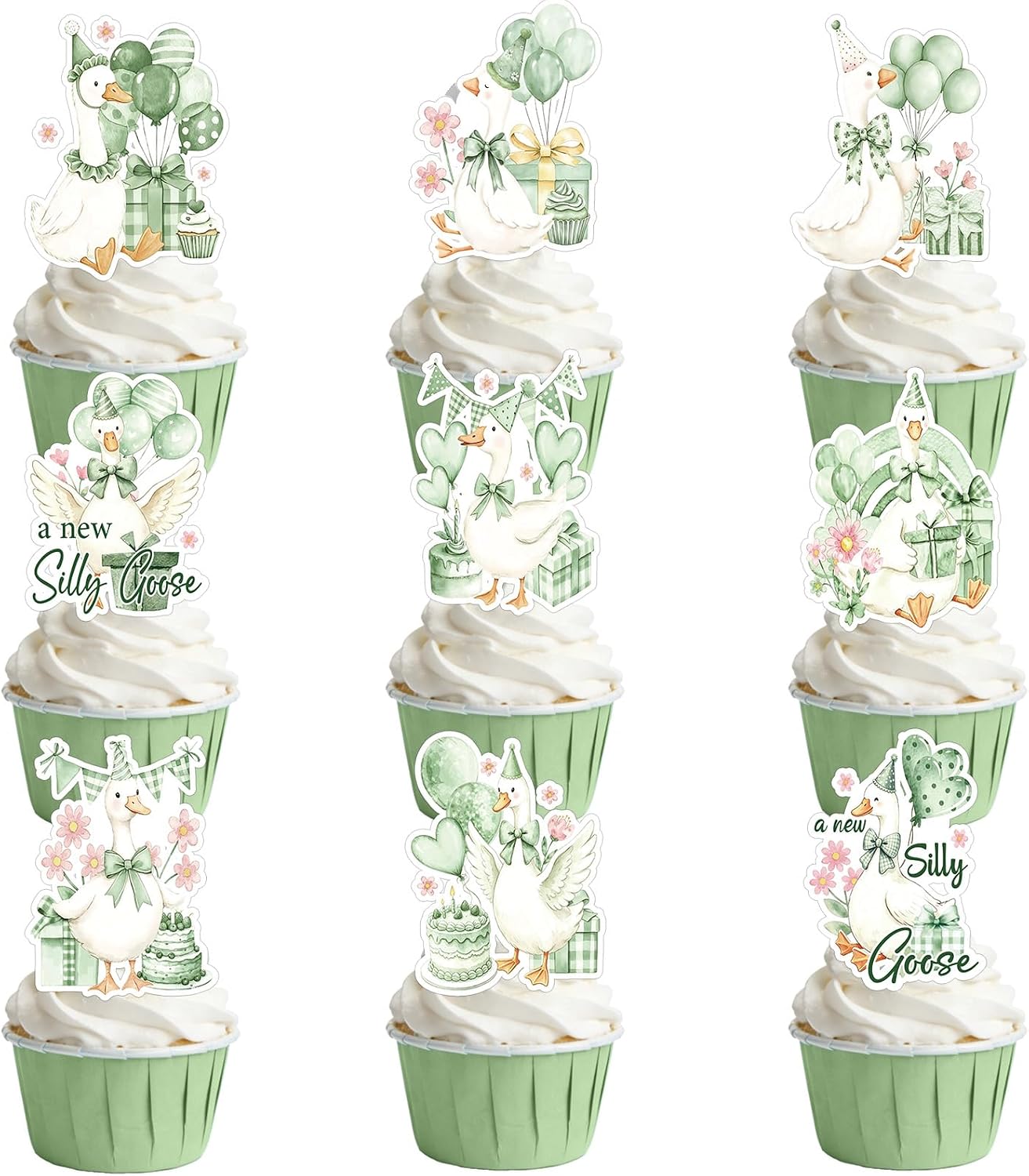 Silly Goose Baby Shower Decorations - 36PCS Sage Green A New Silly Goose is Almost Loose Party Decorations Cake Toppers Cute Animal Theme Cupcake Toppers for Gender Reveal Baby Shower Birthday Party