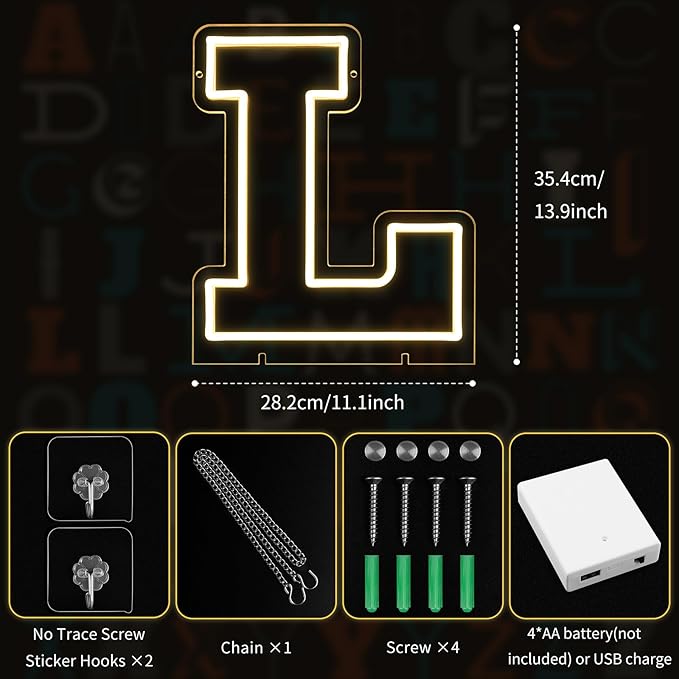 Light Up Letters L, Led Marquee Letter Lights Neon Sign, 13.9" Height Decorative Lighted Alphabet Number, Battery/USB Powered Led Letters Lights for Wedding, Birthday, Party, Christmas or Home Decor