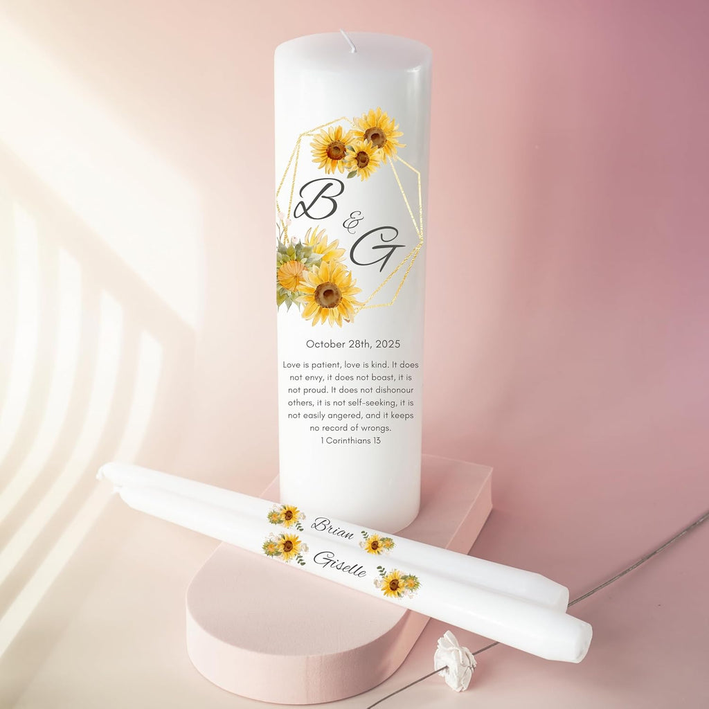 Unity Candles for Wedding, Modern Unity Set, Custom and Personalized Pillar and Taper Candles with Bible Quote, Unscented White Premium Wax, Religious and Wedding Ceremony, Special Events