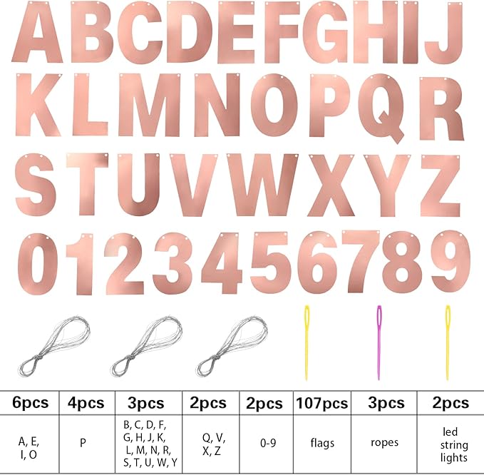 TaoBary 112 Pcs DIY Letter Kit Glitter Customizable Banner Letters Include 107 Letters and Numbers 3 Rope and 2 Needles for Birthday Halloween Christmas Wedding Valentine Party Decor(Bright Rose Gold)