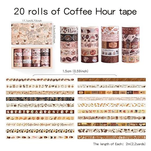 20 Rolls Coffee Theme Washi Tape Set, Writable Decorative Tapes for Scrapbooking, Bible Journaling, Bullet Journaling, 0.6"x79" per Roll