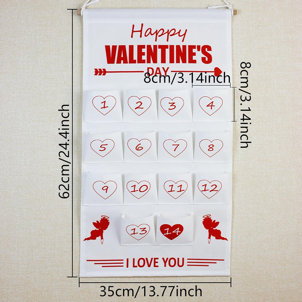 Valentines Wall Hanging Advents Calendar Bag 24 Count Storage Pockets Fashion Accessory for Holiday Household Decoration Fabric Organizers