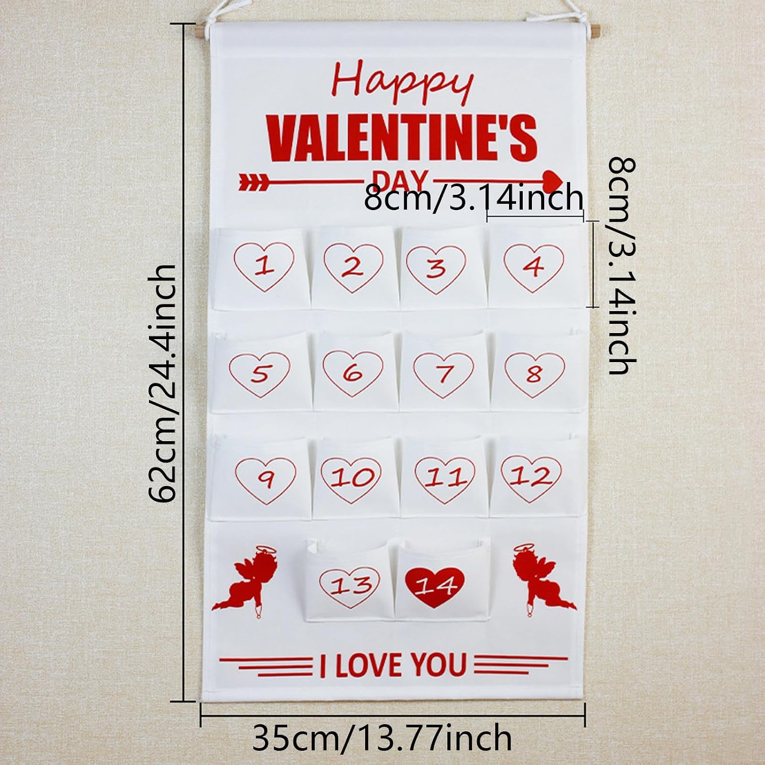 Valentines Wall Hanging Advents Calendar Bag 24 Count Storage Pockets Fashion Accessory for Holiday Household Decoration Fabric Organizers