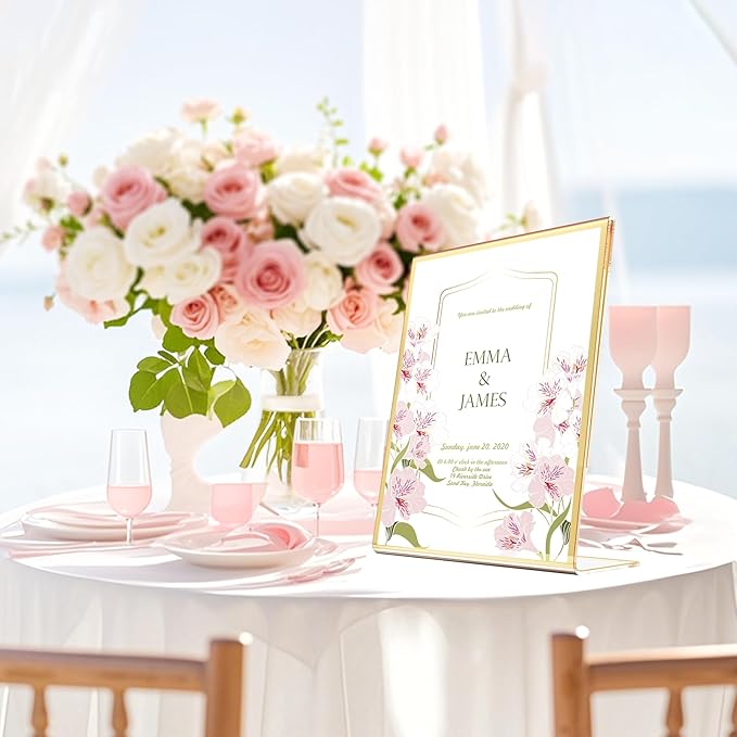 Acrylic Gold Frames 8 x10, Slanted Back Gold Picture Frames Table Acrylic Sign Holder for Photos Wedding Table Numbers and Art Display with Removable Clear Sticky Dots，6 Pack