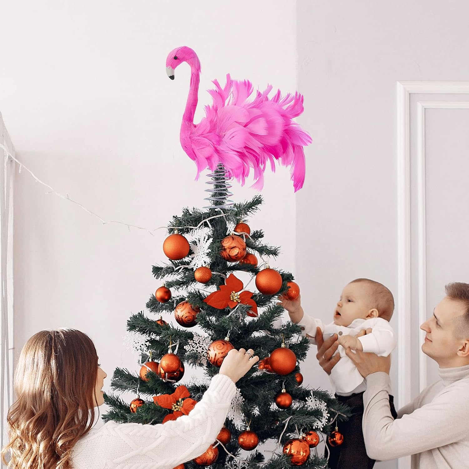 Pink Flamingo Christmas Tree Topper, Fluffy Feather Flamingo Tree Topper, Tropical Summer Tree Ornaments Christmas Tree Decor for Holiday Xmas Party Home (Pink, One Size)