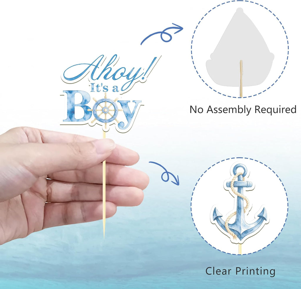 24 Pcs Ahoy It's a Boy Cupcake Toppers, Ahoy Its a Boy Baby Shower | Food Fruit Picks for Decoration Party Favors