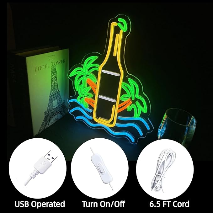 Palm Tree Beer Bottle Neon Sign Dimmable LED Neon Light for Wall Decor, Neon Light Up Signs for Man Cave Pub Store Party Club LED Lights Decor