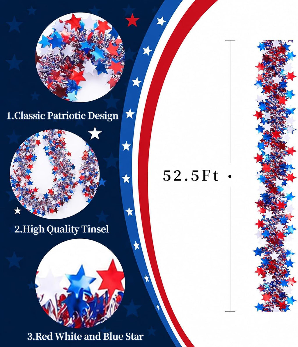 52.5Ft 4th of July Garland, Patriotic Red White and Blue Star Glitter Tinsel Twist Garland, 4th of July Decorations for Car Bike Golf Cart Independence Day Memorial Day Decor