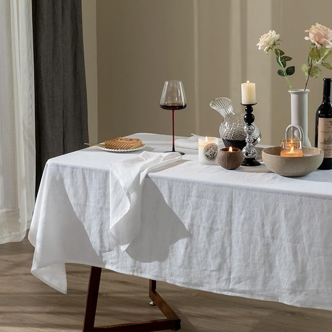 Talasily Linen Tablecloth 100% Pure Linen Table Cloth 60x108 Inches Rectangle Tablecloths Washable Cloths for Kitchen, Dining, Buffet Parties, Holidays, Picnic, Weddings and Restaurants-White